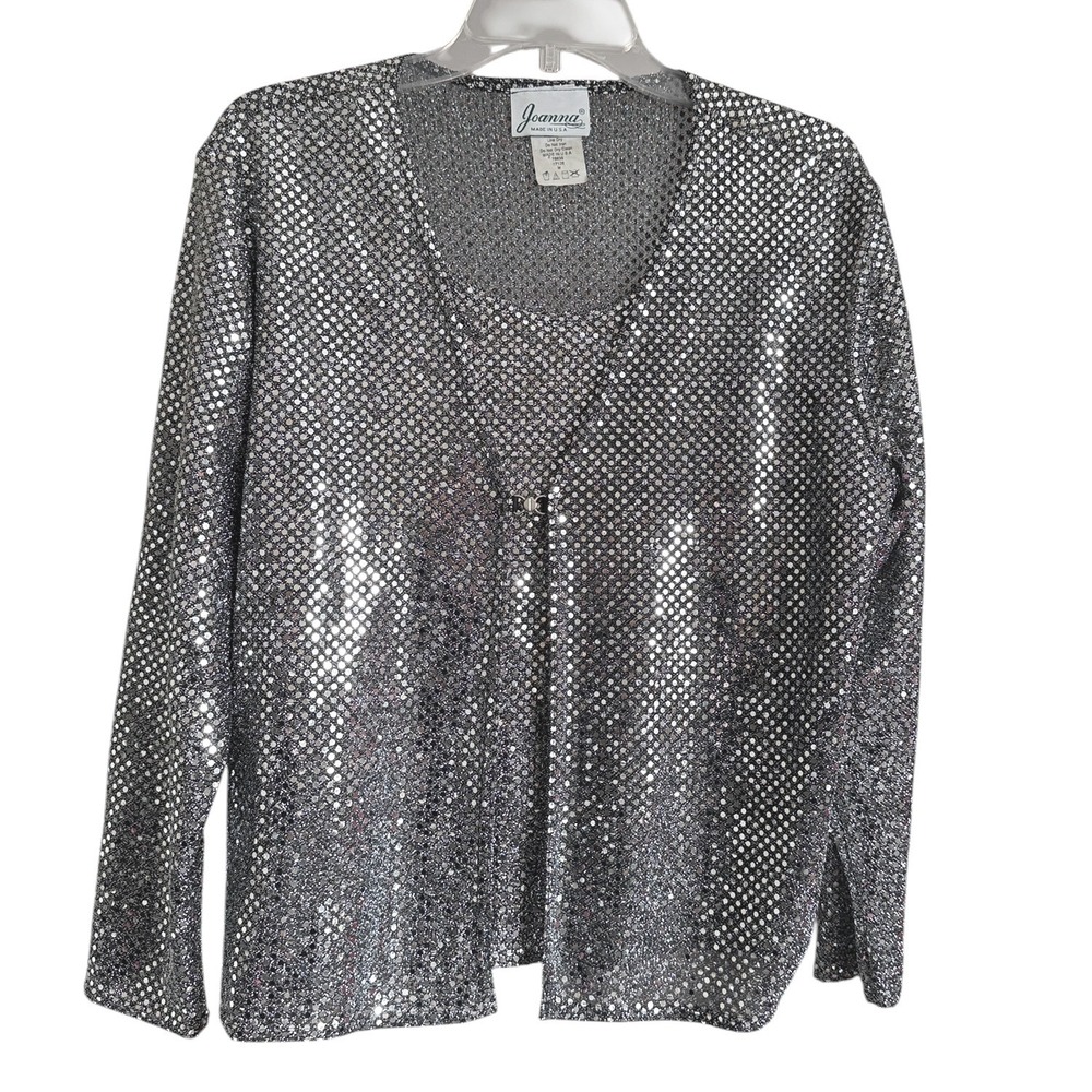 Joanna Vintage Silver Mirror Mesh Faux Twin Set Cardigan Tank Top M Made in USA